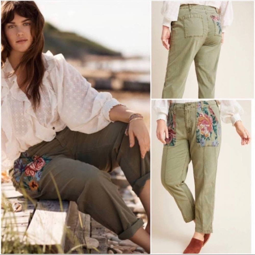 Floral Embroidered Olive Green Pants